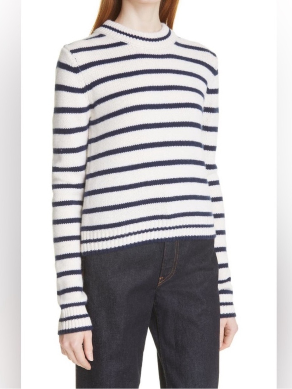 La Ligne Hardy Striped 100% Cashmere Pullover Sweater Medium Blue Cream Knit - Picture 4 of 13